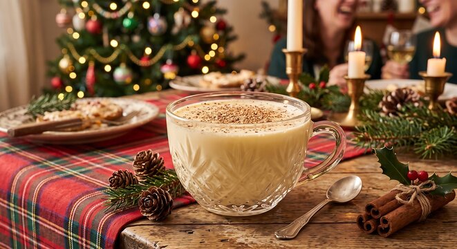 Glass mug with eggnog on rustic table during Christmas dinner. Traditional holiday drink with cinnamon and nutmeg for festive celebration at home. Family gathering in cozy background.