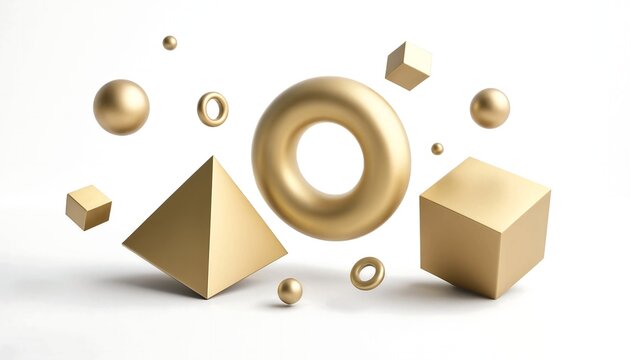 Floating golden 3d geometric shapes including spheres cubes and pyramids