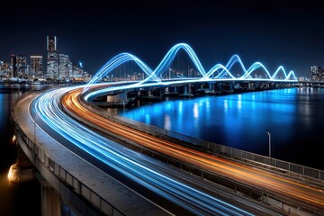 Fototapeta premium Neon Blue Bridge with Light Trails at Night