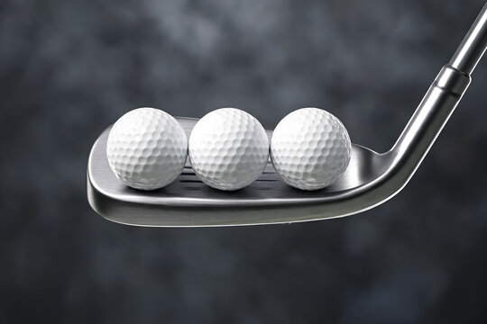 Golf club and balls Sports equipment Close up golf ball on moody background Dimpled texture detail Professional game