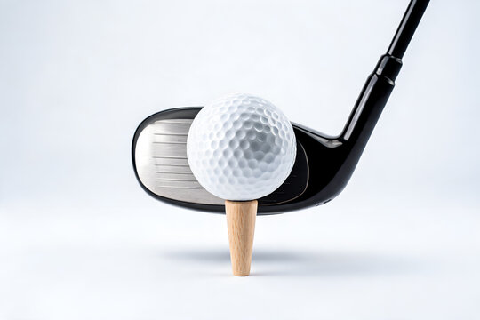 Golf club driver face close-up with golf ball on tee Isolated white studio background Sport equipment Preparation for swing