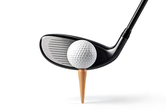 Golf club head poised over golf ball on wooden tee Isolated on white for clean product shot Preparation for swing Closeup