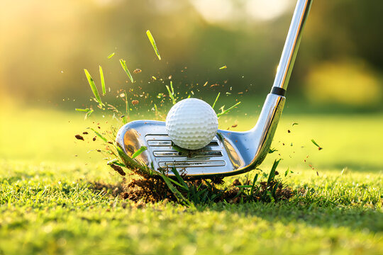 Golf club hitting golf ball close-up Dynamic action shot grass flying Sunny golf course background Moment of impact