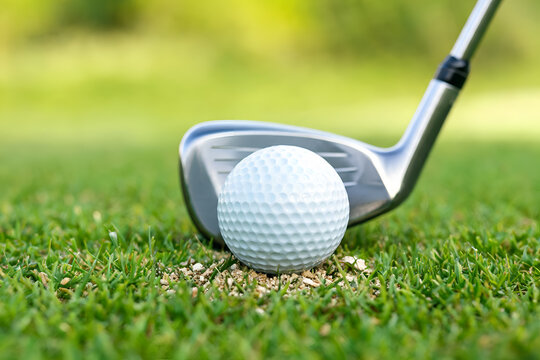 Golf club poised behind golf ball on tee Close-up shot on green grass ready for swing Sports equipment active lifestyle