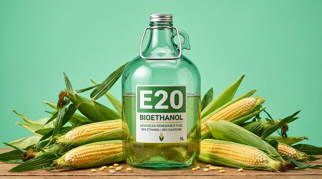 Transparent green tinted E20 bioethanol canister with corn leaves on mint green backdrop