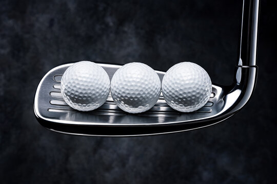 Golf club with three balls Studio shot Close up golf ball Dimpled texture detail Sports theme Professional equipment