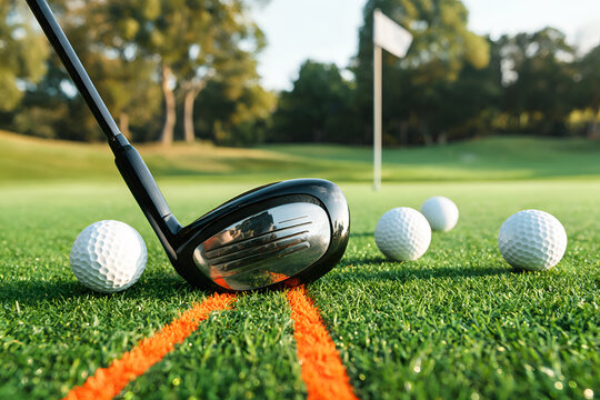 Golf driver club positioned near balls on green grass Orange lines marking area Flag and trees in background Close up