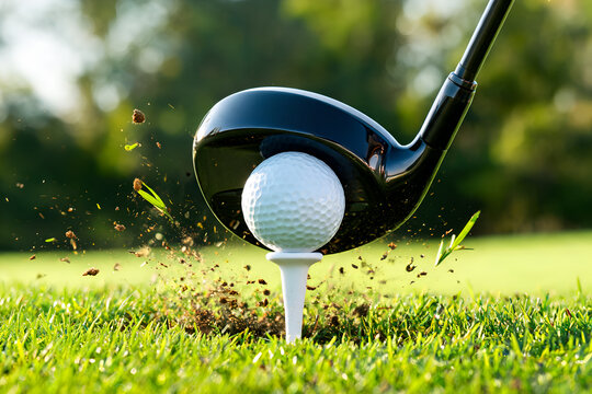 Moment of impact golf ball close-up tee black club dirt flying grass spray outdoor sport