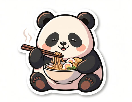 Cute panda bear sticker illustration eating hot ramen noodles with chopsticks in a fun cartoon vector design style