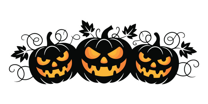 Creepy halloween pumpkin banner for festive events, glowing jack o lantern group, scary horizontal border for holiday promotion.