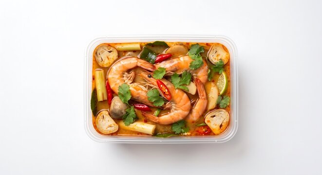 Tom yum goong soup with shrimp in plastic take away container. Traditional Thai spicy hot and sour seafood soup. Healthy meal delivery service and ready to eat lunch concept.