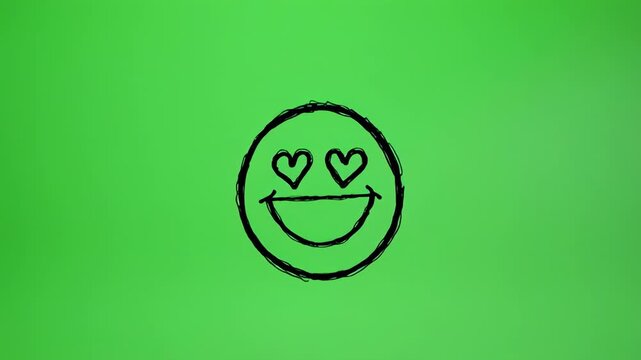 Happy face emoji with heart eyes animated in a repeating pattern against a vibrant green screen background