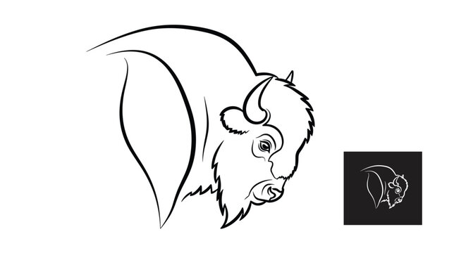 Minimalist black line art depiction of a bison head in profile with a smaller icon version in a black square on the side.