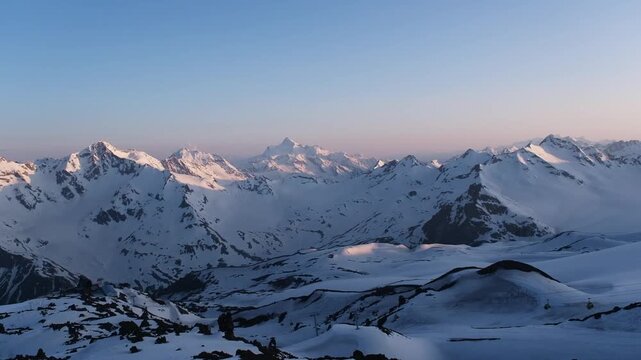 Sunrise on Mount Elbrus, view of mountains from the slope of Mount Elbrus, Russia