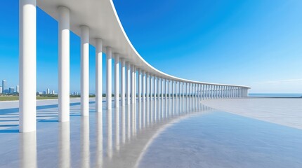 Naklejka premium A long curved row of white architectural columns reflecting on a smooth polished floor against a clear blue sky