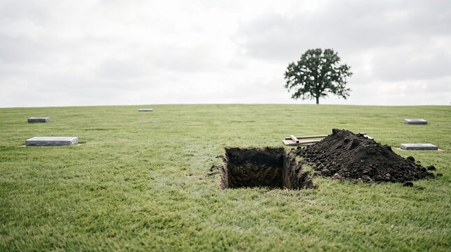 Freshly dug open grave on a green grassy hill