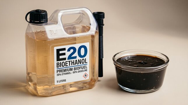 Transparent E20 bioethanol canister with sugar molasses raw material on beige background