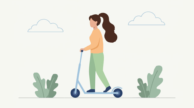 Woman riding kick scooter outdoors in a park, flat vector illustration