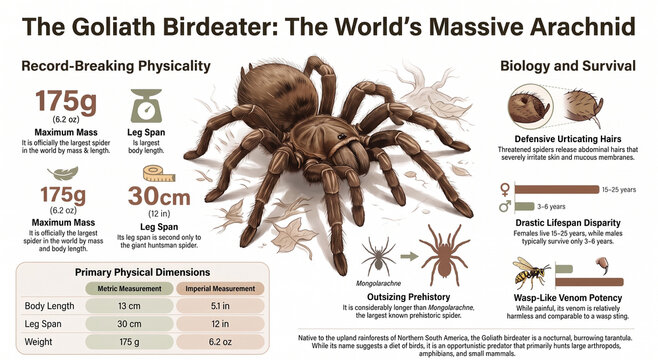 Educational infographic exploring the Goliath birdeater, its anatomy, rainforest habitat, hunting behavior, ecology and natural history.