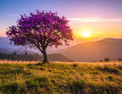 Flowering tree against a radiant sunset over rolling hills