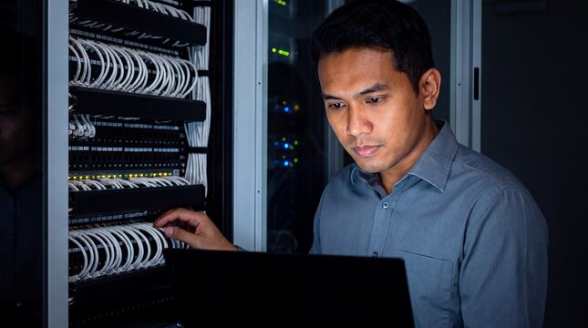 datacenter server technician cables rack network maintenance laptop hardware engineer Focused Asian IT specialist checks a patch panel for connectivity troubleshooting and infrastructure support
