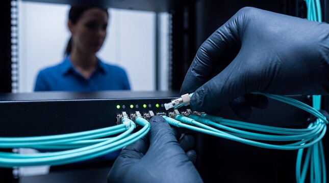 network cables fiber optic datacenter technician switch connection hardware maintenance Gloved hands install turquoise links in a rack for broadband infrastructure service and enterprise networking