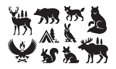 Obraz premium Collection of black silhouette featuring wild forest animals, a camping tent, and a campfire, isolated on a white background, for outdoor adventure, and nature themed projects