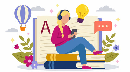 Naklejka premium Flat illustration of person studying online with headphones, books, and knowledge symbols