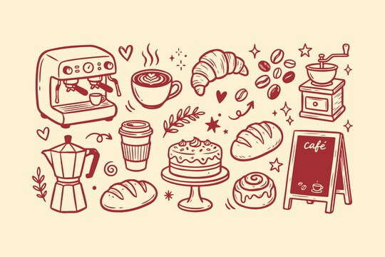 Cute hand drawn coffee shop icons set with espresso machine croissant cake and bread doodles Vector, illustration