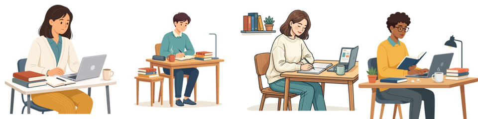 Fototapeta premium Creative vector set illustration featuring a student studying, on a white background.