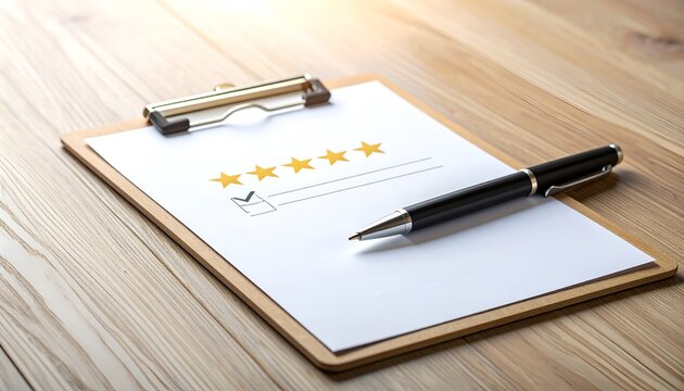 Customer review checklist featuring five-star rating on a clipboard with a pen, representing service evaluation, satisfaction survey, and performance measurement.