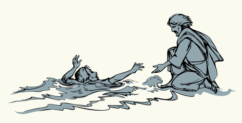 Fototapeta premium Vector drawing. Jesus helps man in a storm