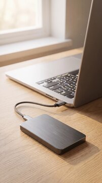 Modern External SSD Connected to Laptop with USB-C Cable on Clean Minimalist Workspace