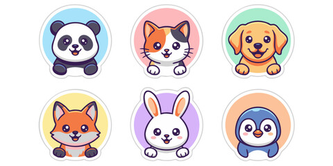 Fototapeta premium Set of six cute cartoon animal stickers featuring panda, cat, dog, fox, rabbit, and penguin for kids apps and graphic design concepts