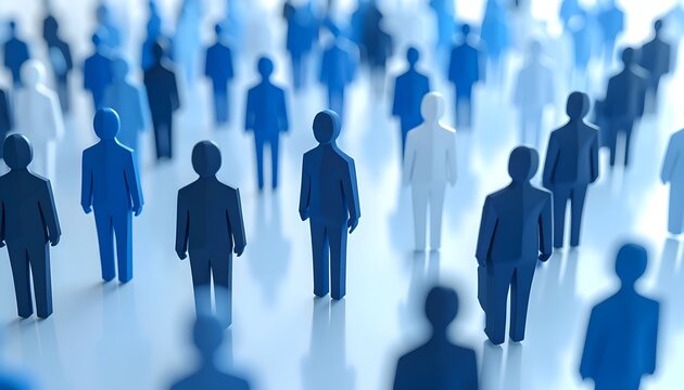 Crowd of blue human figures representing audience, community, demographics, workforce, social network, diversity and population analysis.