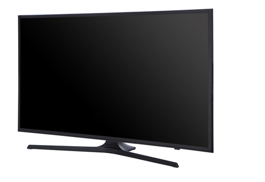 Front view of modern flat screen TV with black screen, isolated on transparent background, PNG template