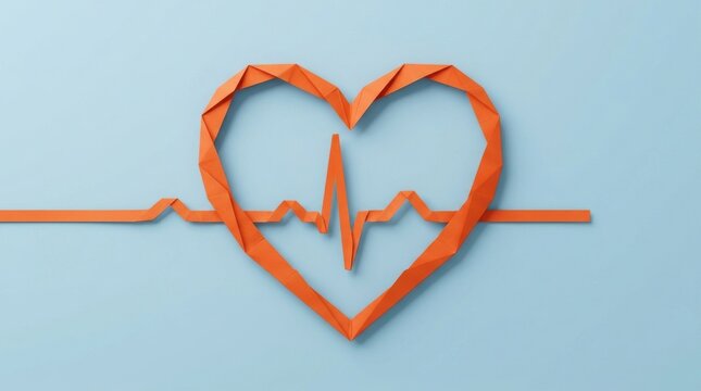 A vibrant orange heart shape formed by a continuous medical heartbeat line isolated on a light blue background for health