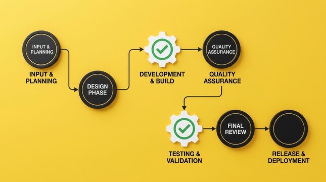 A professional business workflow diagram showing sequential steps from initial planning through to final project completion on a yellow background