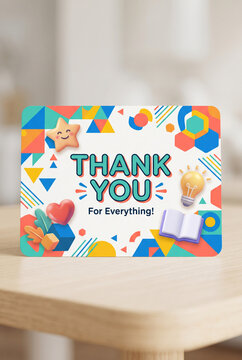 Colorful playful thank you card with geometric icons and cheerful graphics for greeting card design and celebration