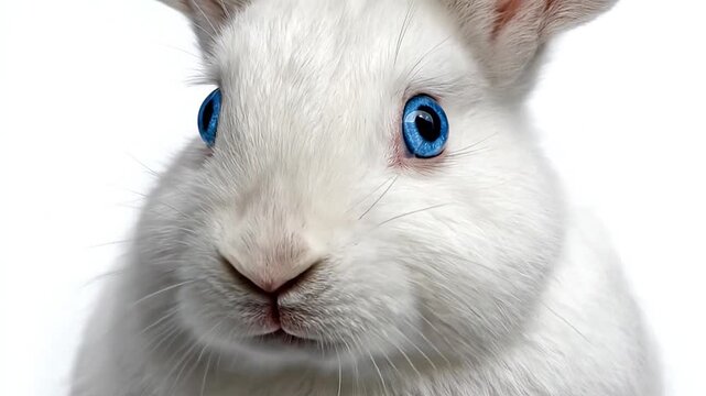 White rabbit with bright blue eyes on white background.