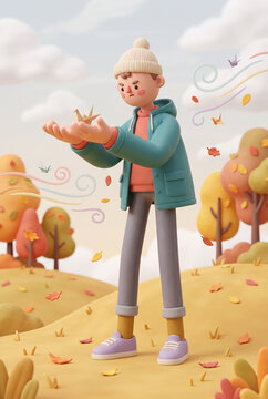 Cute stylized character holding a paper crane in an autumn park background for banner and children wallpaper design