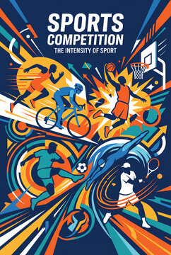 Dynamic sports competition poster with basketball soccer cycling and running athletes in action for tournament banner and event background design