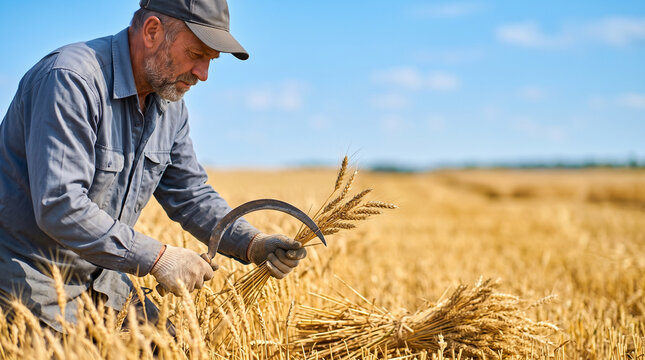 Farmer harvesting wheat with a sickle in golden field for agricultural harvest background and rural lifestyle banner design