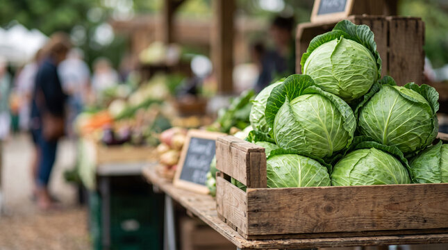 Fresh green cabbage produce display in a wooden crate at a farmers market for banner poster and food market design