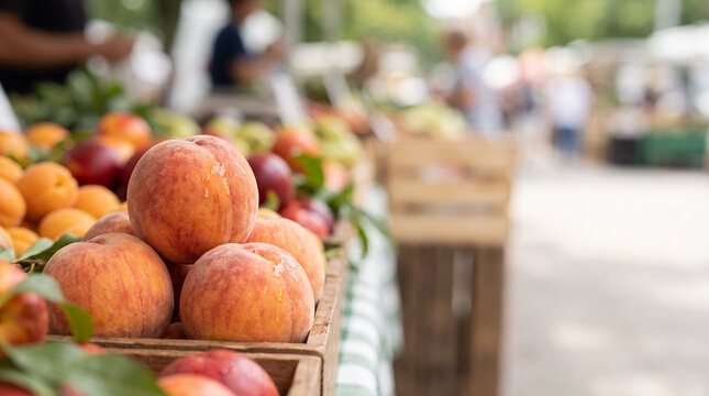 Fresh ripe peaches on wooden crates at an outdoor farmers market for banner background and food display
