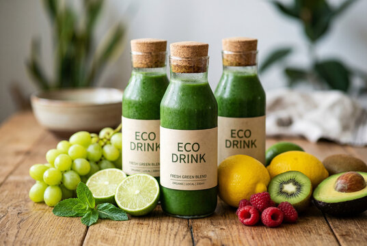 Green eco drink bottles with fresh fruit and mint on wooden table for healthy beverage product background and wellness branding