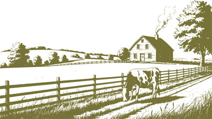 Spacious pastures on hills. Farmers and trees are visible on the horizon. Cow grazes near the fence, with grass and shrubs in the foreground. Vector illustration.Linear sketch, isolated on background © Elena