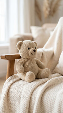 Plush teddy bear sitting on knitted blanket draped over a nursery chair for cozy home decor background and children room styling