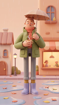 Stylized 3d character holding umbrella and hot drink on a rainy pastel street for poster background and seasonal social media design