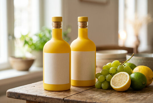 Two yellow bottles with blank labels on rustic wooden table with lemons and grapes for product mockup and beverage packaging background